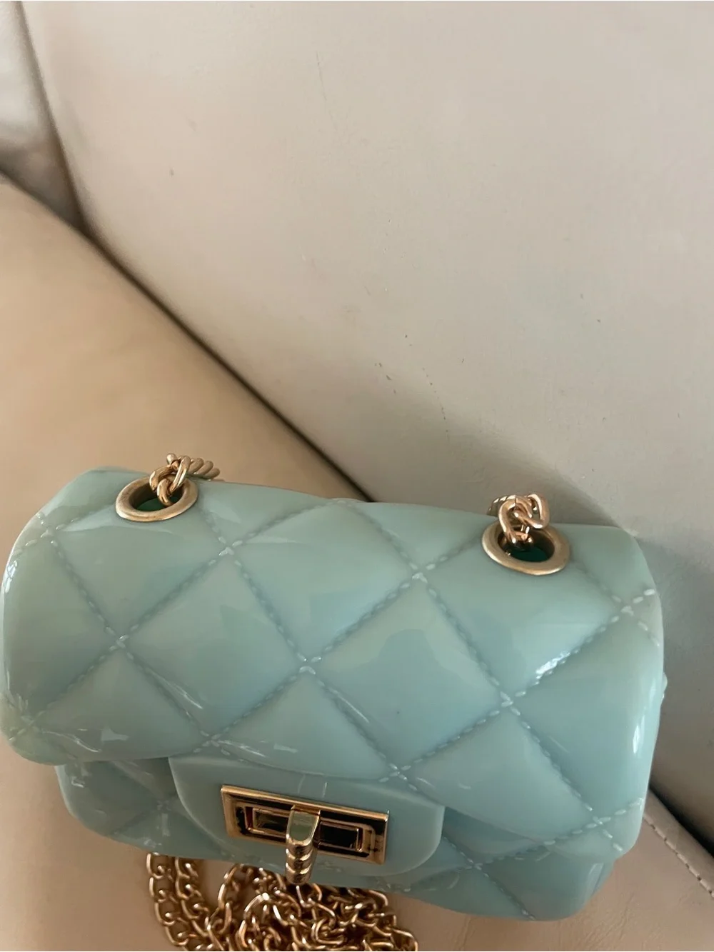 🩵✨ Mint / Light Aqua Jelly Quilted Mini Crossbody Bag with Gold Chain